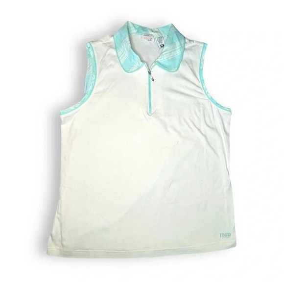 Izod Women’s Sleeveless Polo Shirt XFG Stretch White & Aqua Plaid Collar - XL - Picture 2 of 9